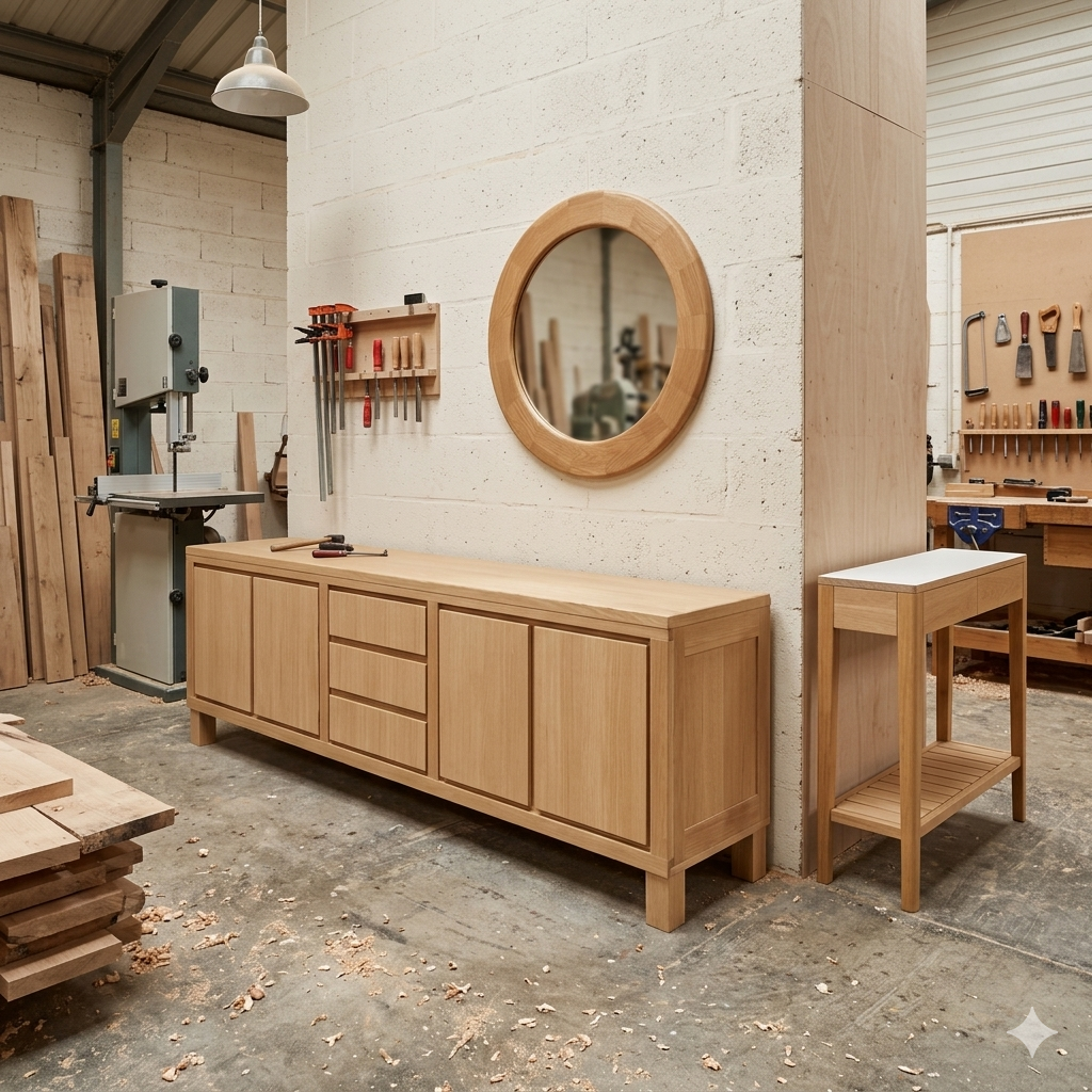 Les trois pièces réusinées — buffet, console, miroir — dans l'atelier