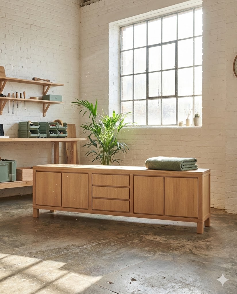 Meuble OTWA en chêne massif réusiné dans un intérieur contemporain
